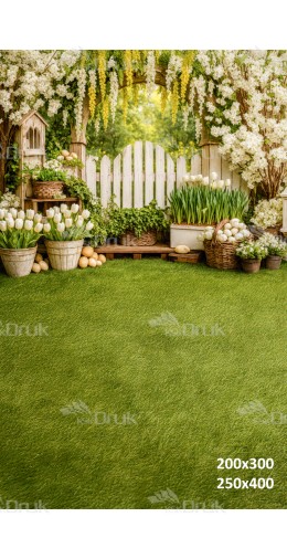 Tło fotograficzne „Wiosenny ogród z białym płotkiem i tulipanami” | E602